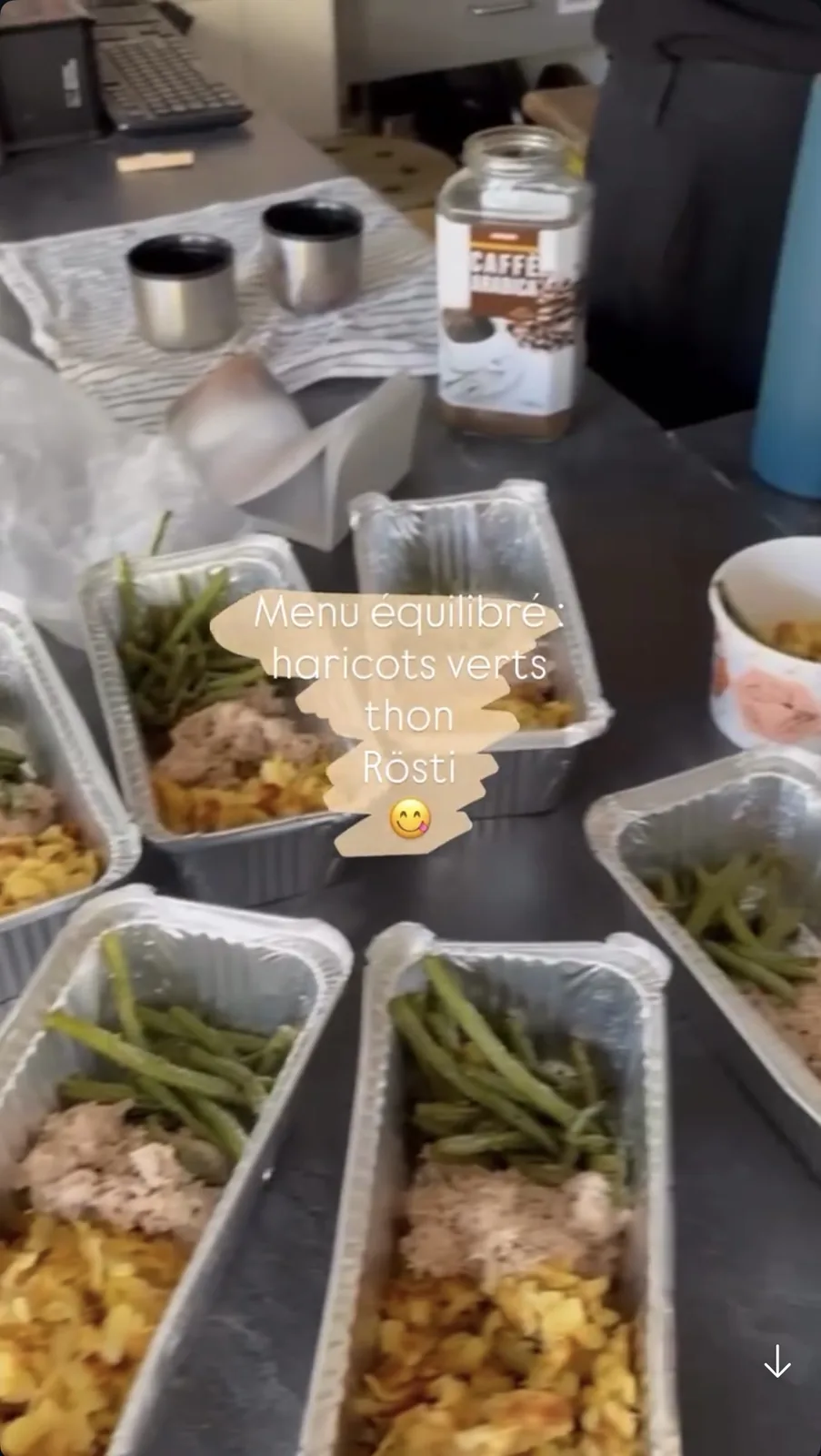Repas préparés : haricots verts, thon, rösti